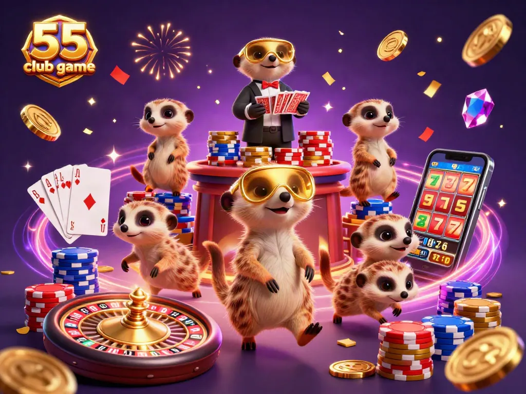 Experience thrilling moments with the 55 club game as meerkats run a lively casino, surrounded by dynamic gameplay elements.