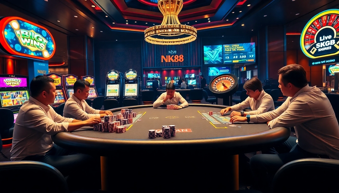 Exciting poker game scene at nhà cái NK88 with vibrant chips and casino atmosphere.