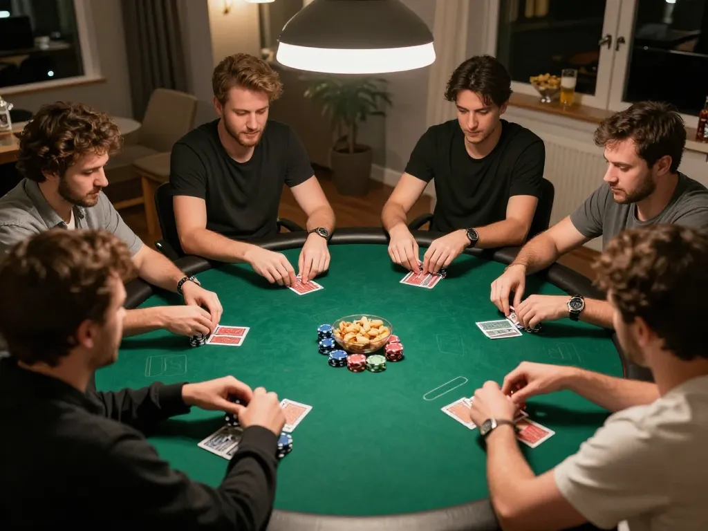 EE88 players enjoying a lively poker game night with cards and chips around a central table