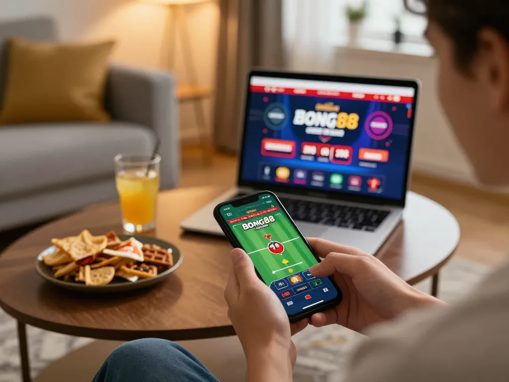 Bong88 user placing a bet on smartphone in a stylish home setting, showcasing online gambling