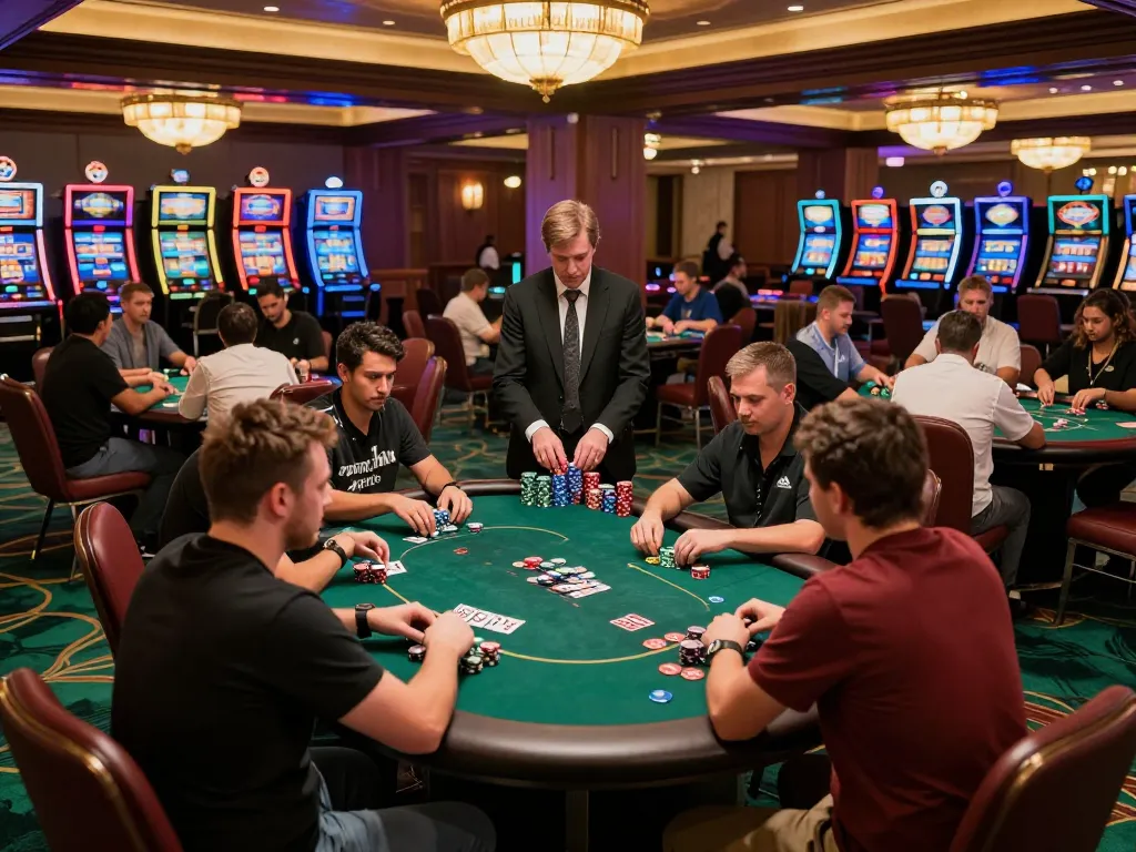 Players strategizing at kkwin poker tables in a lively casino atmosphere, showcasing excitement and luxury.