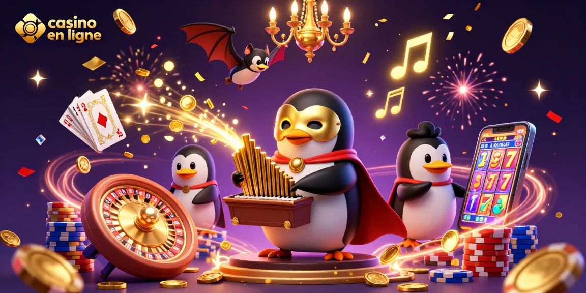 Une illustration captivante de casino en ligne avec un pingouin fantôme jouant de l'orgue, distribuant des pièces d'or.