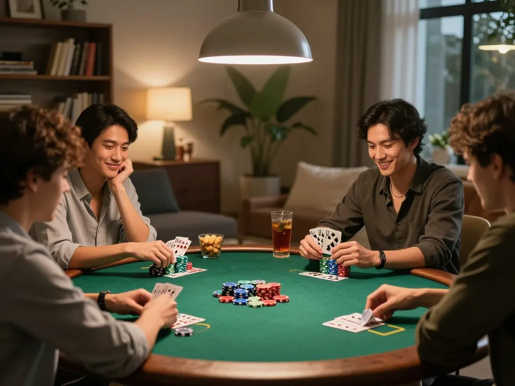 Engaging friends playing poker at home, showcasing kèo nhà cái dynamics with colorful chips and cards visible