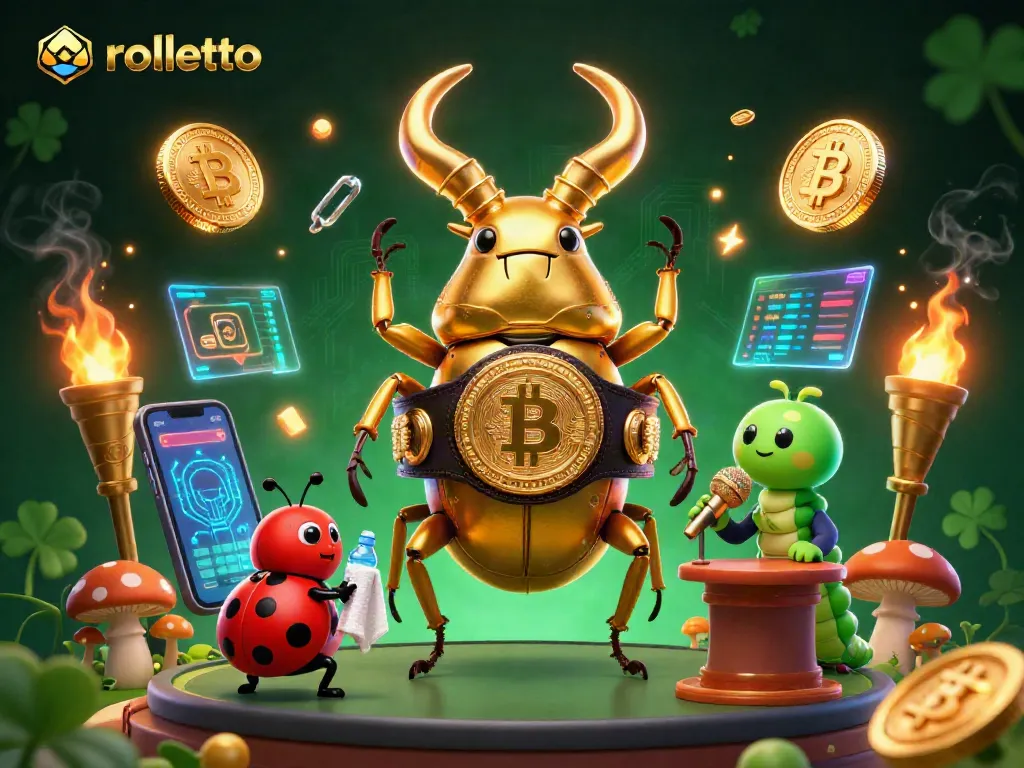 rolletto showcases a dynamic 3D scene with a golden beetle, ladybug, and caterpillar in a casino atmosphere.