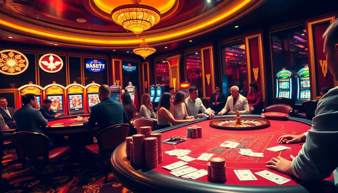 Exciting scene of gamblers engaging at NK 88 casino tables with poker chips and roulette wheel.