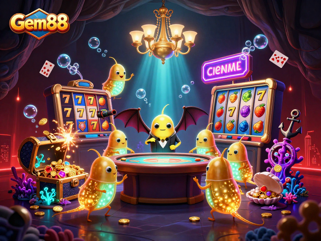 Gem88 slots scene with glowworms lighting a vibrant cave casino immersed in underwater treasures.