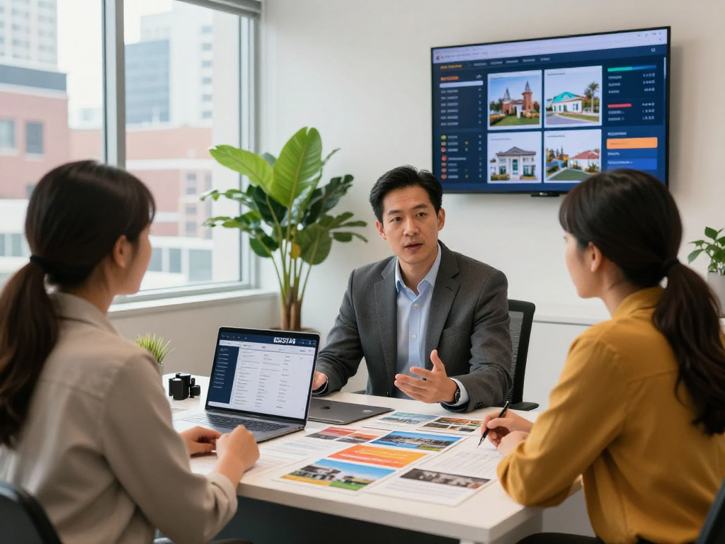 Real estate agent presenting IDXSTAR listings to clients in a modern office.
