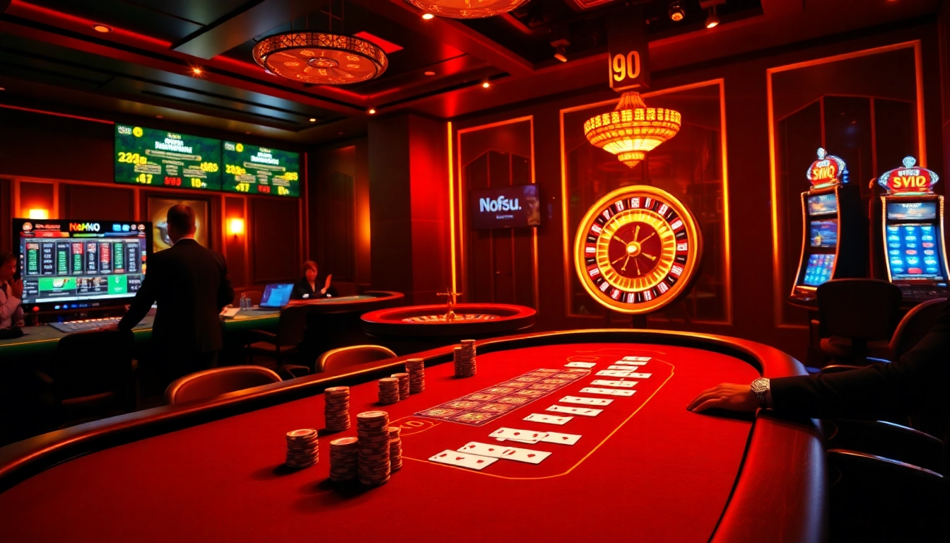 Nohu90 online casino showcasing an exciting poker table and slot machines in a luxurious atmosphere.
