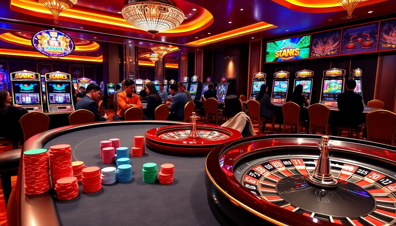Exciting scene of online gambling with vibrant poker and roulette tables at trang chủ mm88.