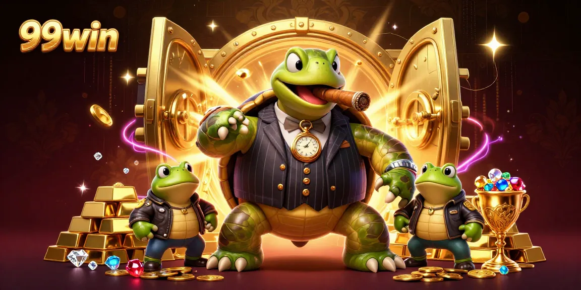 Experience the excitement of 99win with colorful 3D characters in a lavish casino scene.