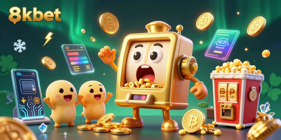Experience excitement with 8xbet's golden slot machine jackpot celebration and crypto elements.