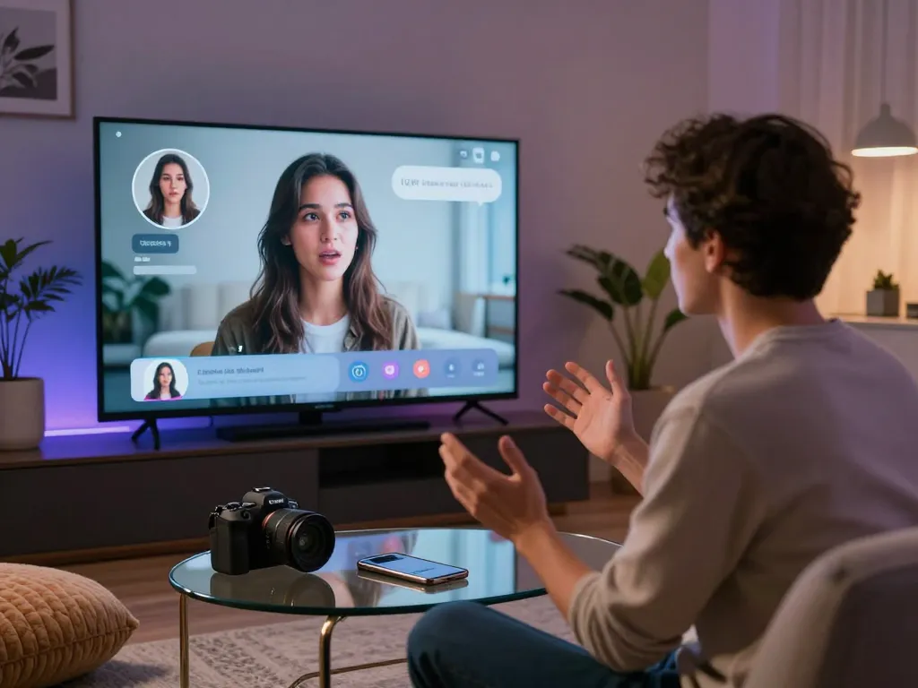 Engaging ai porn chat experience with user and AI avatar in cozy lounge setting