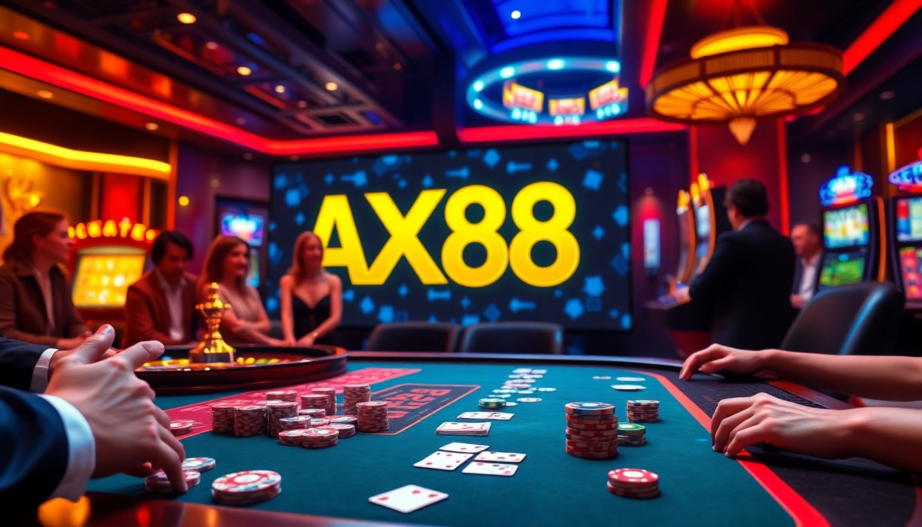 Experience the excitement of AX88 with an elegant casino setting featuring vibrant poker chips and dynamic games.