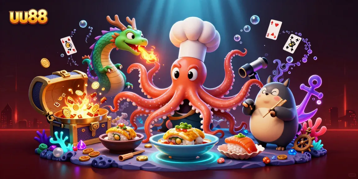 Experience the thrill of uu88 with gambling action from the colorful octopus chef and dragon companion.