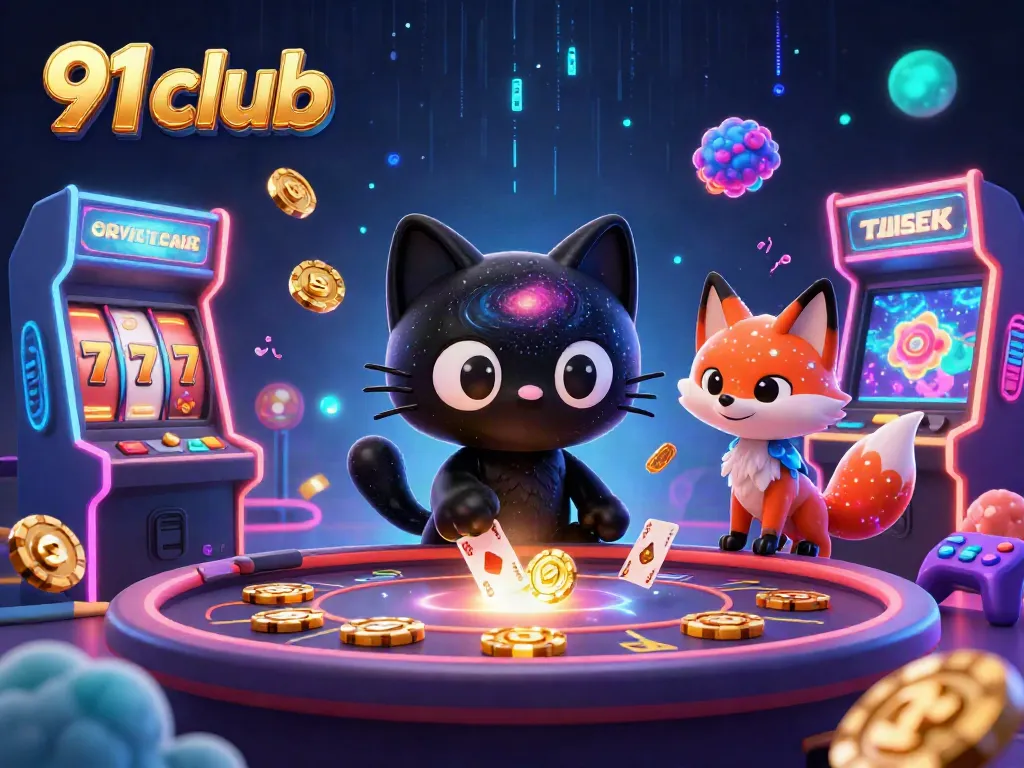 Engage with 91 Club's vibrant gambling scene featuring cosmic characters and crowded casino elements.