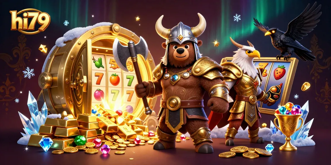 Experience the excitement of hi79 with colorful slot reels and rich treasure in this epic 3D illustration.