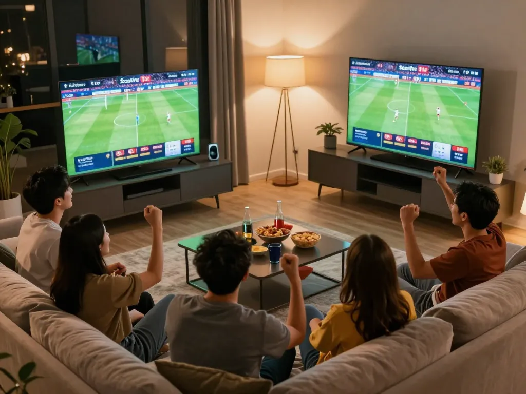 Friends enjoying live football on Socolive TV, celebrating goals in a cozy home setting