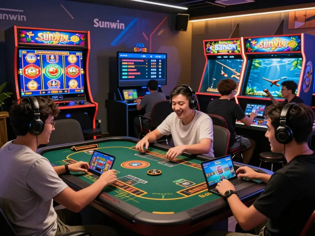 Players enjoying a thrilling gaming experience on the Sun Win platform, showcasing diverse games and vibrant interactions in a lively virtual environment.
