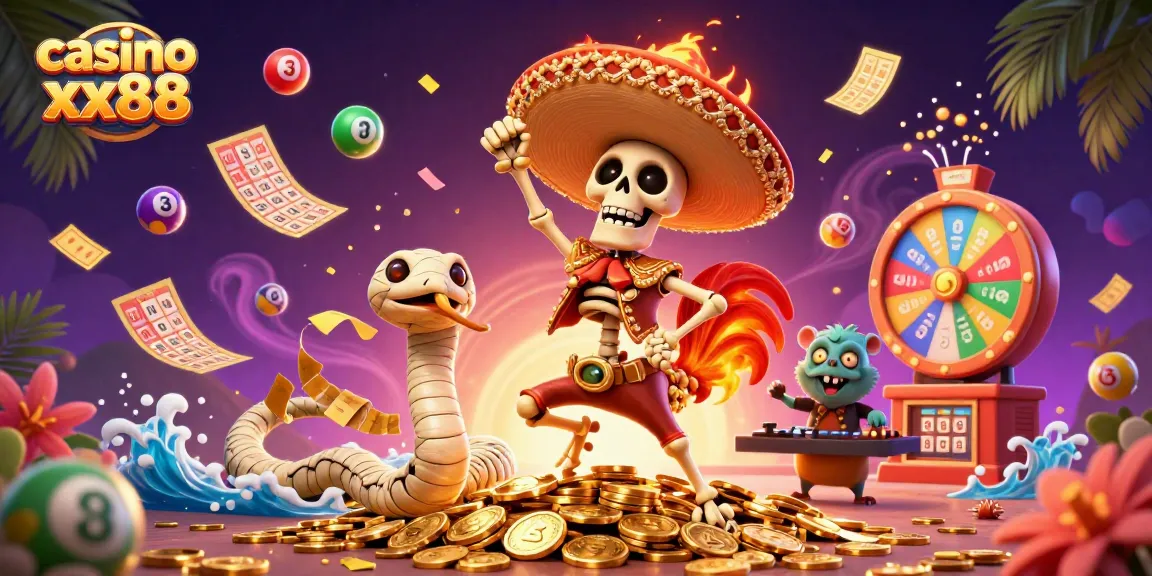 Experience the lively celebration at casino xx88 with a dancing skeleton and colorful game elements.