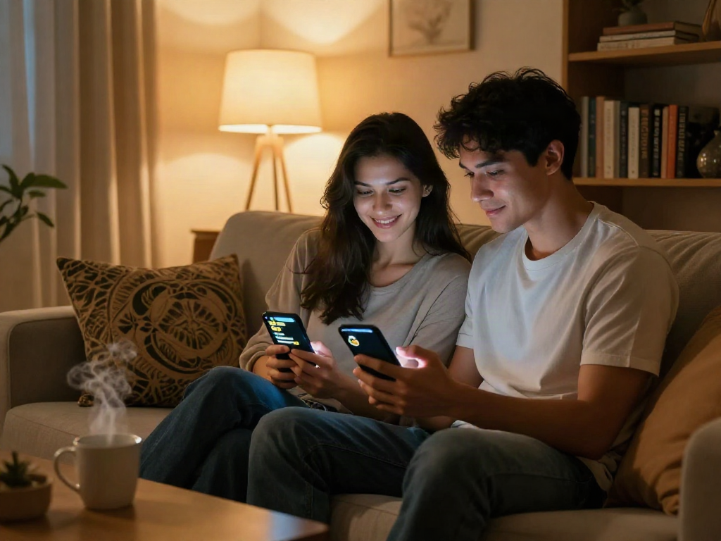 Engaging AI chat porn moment between a couple in a cozy living room, showcasing playful interactions.