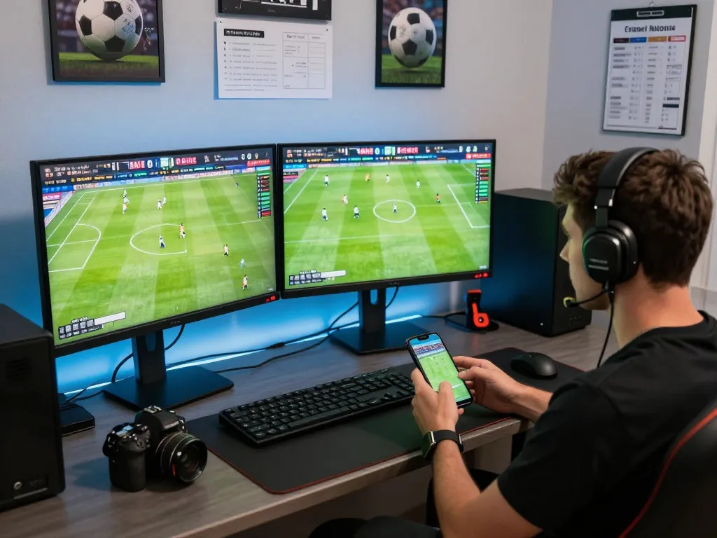 Bongdalu mobile betting on live soccer matches with a sleek gaming setup