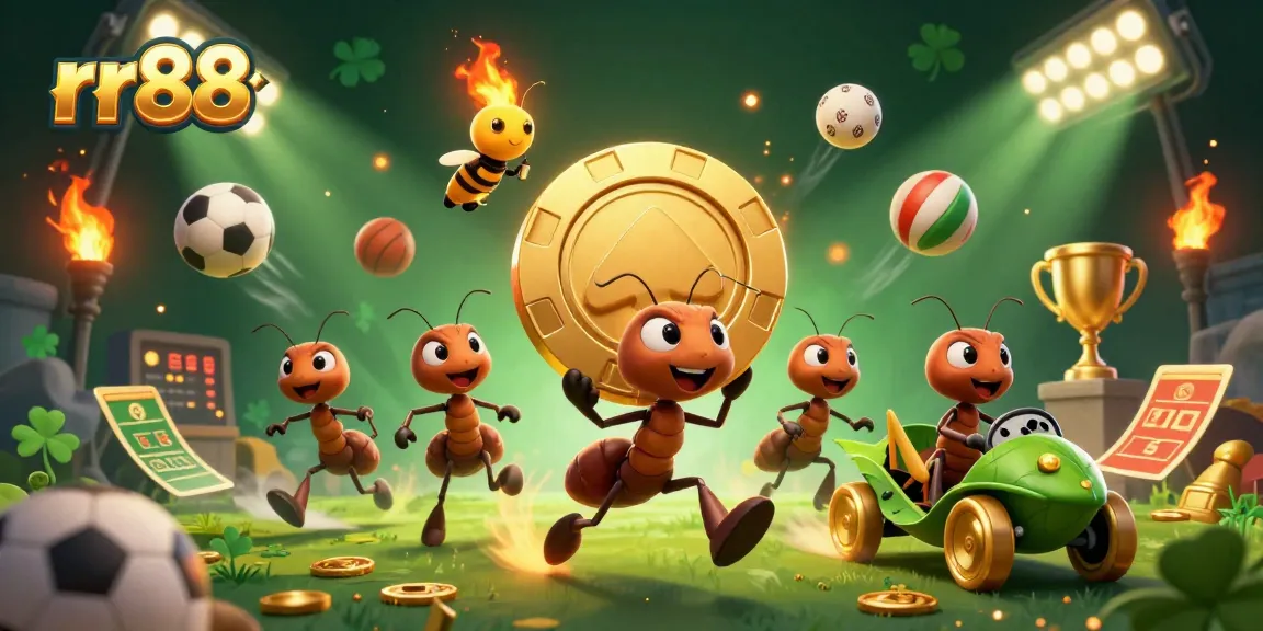 Join the rr88 ants on a thrilling heist with a giant poker chip amidst dynamic sports betting elements.