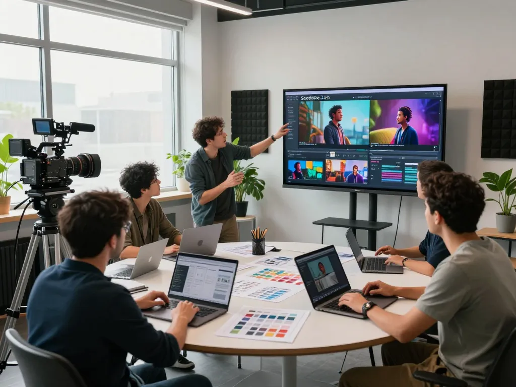 Creative filmmakers utilizing Seedance 2.0 AI for dynamic video storytelling in a modern studio.