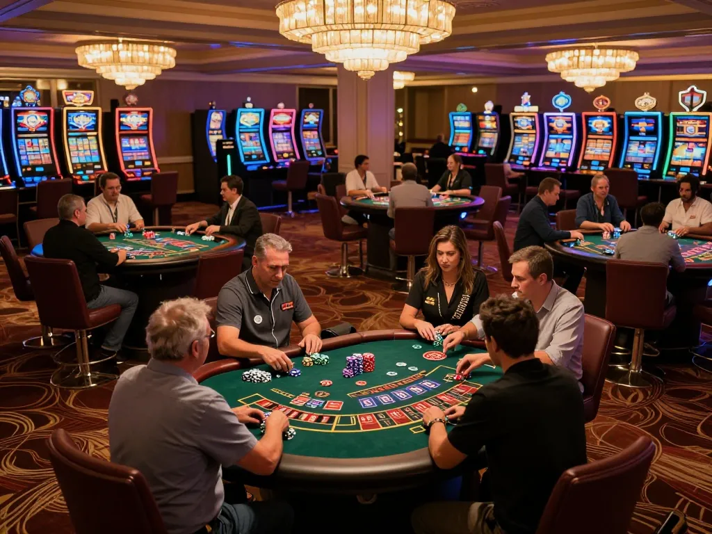 go99 players engaged at various casino tables, vibrant atmosphere captures strategic gambling moments.