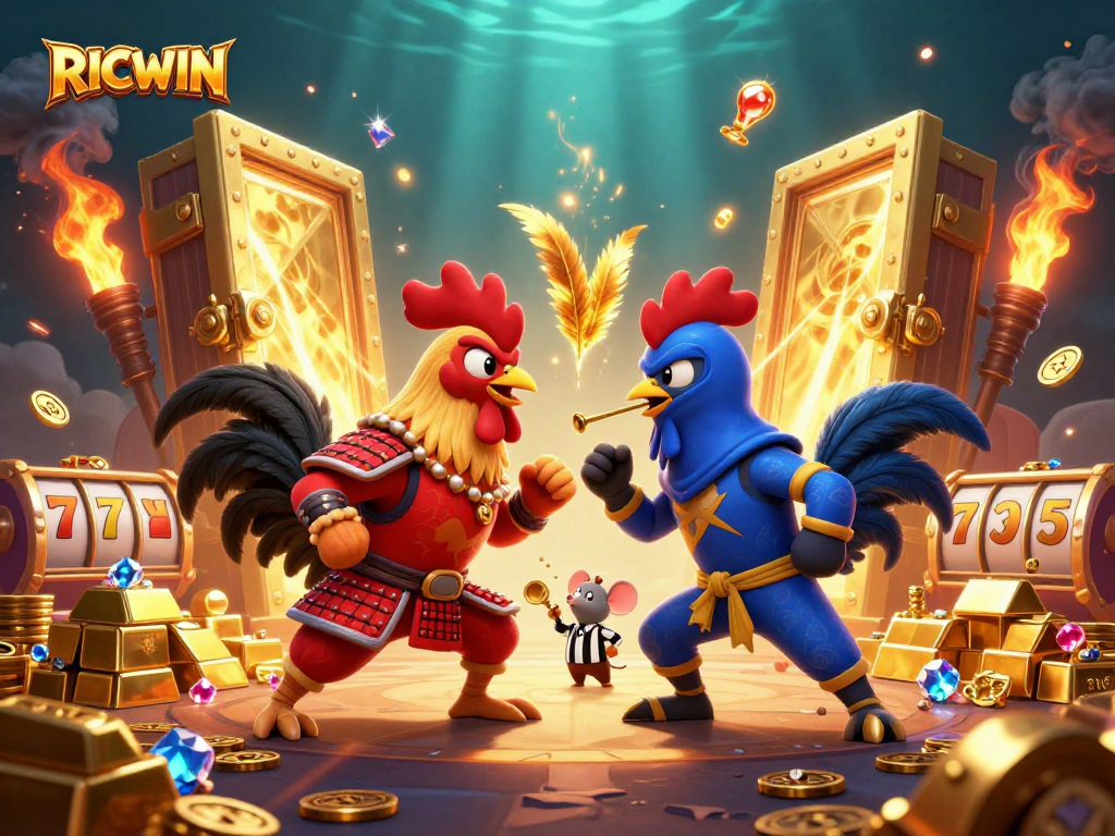 Experience thrilling slot action with RICWIN as fighting roosters clash amid treasure and jewels.
