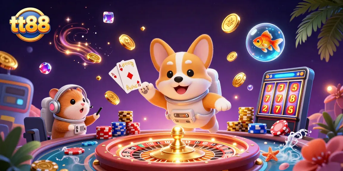 tt88 astronauts enjoying casino adventures in zero gravity, with dynamic gaming elements and vibrant characters
