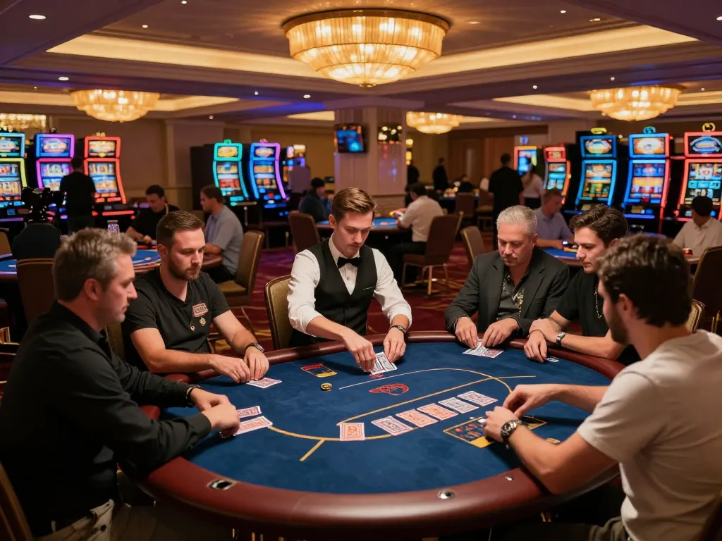 Players immersed in the excitement of poker games at BL555 casino, dynamic atmosphere with engaging dealers and vibrant decor.