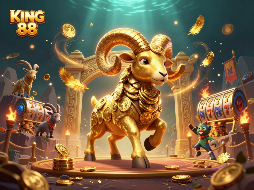 Experience the excitement of KING 88 with a golden ram charging through a vibrant slot arena.