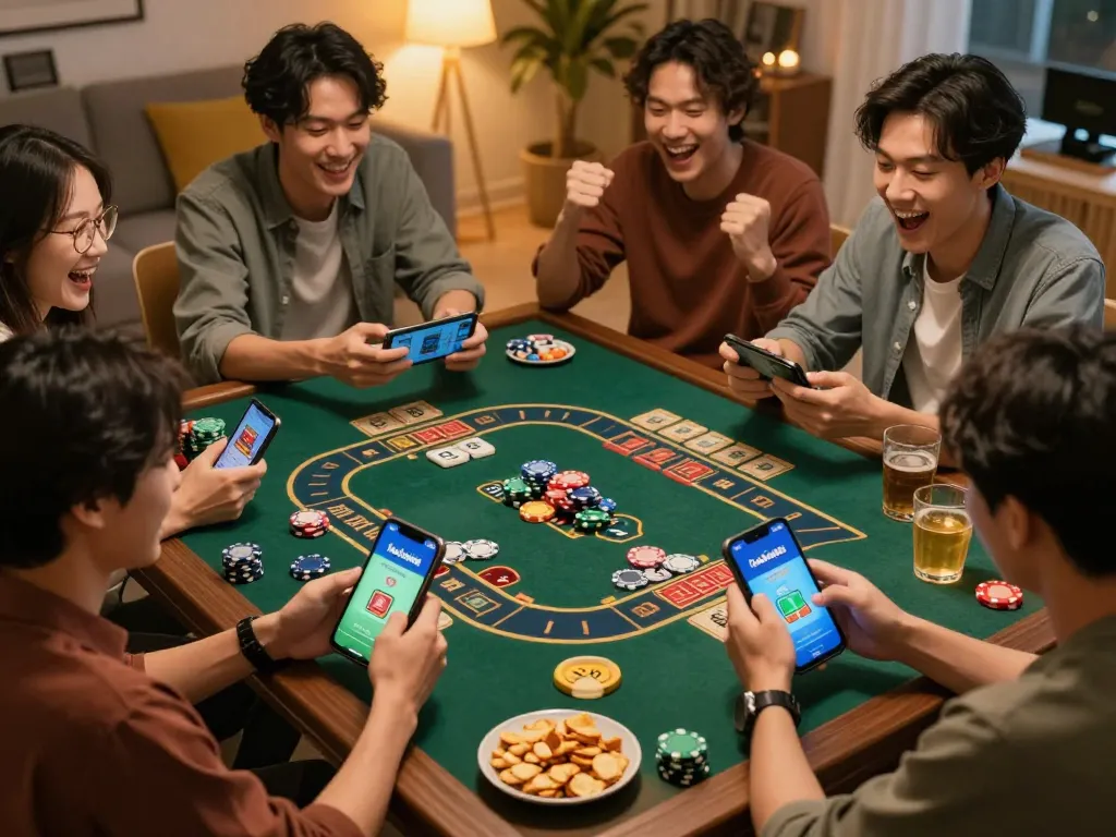 Interactive gaming moment with friends using the taixiuonline8 app for Tài Xỉu, creating a lively home atmosphere.