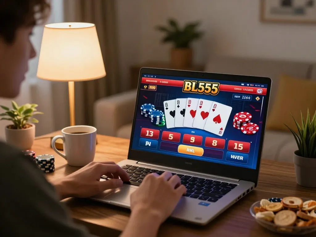 Engaged player at bl555 casino using laptop for online poker with vibrant graphics and snacks.
