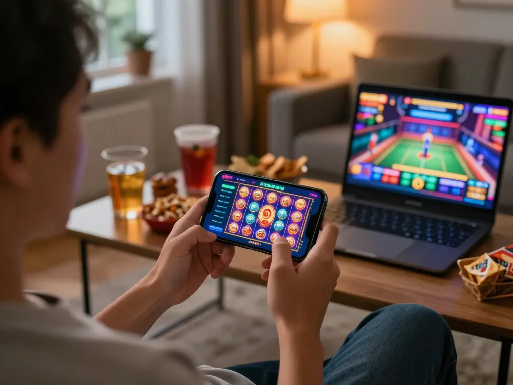 GK88 mobile app showcasing exciting slot gameplay on a smartphone in a cozy living room.