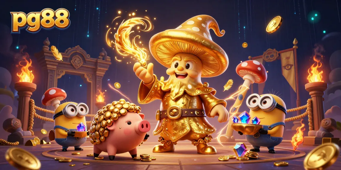 Experience the magic of pg88 with a golden wizard and treasure elements in a vibrant casino scene.