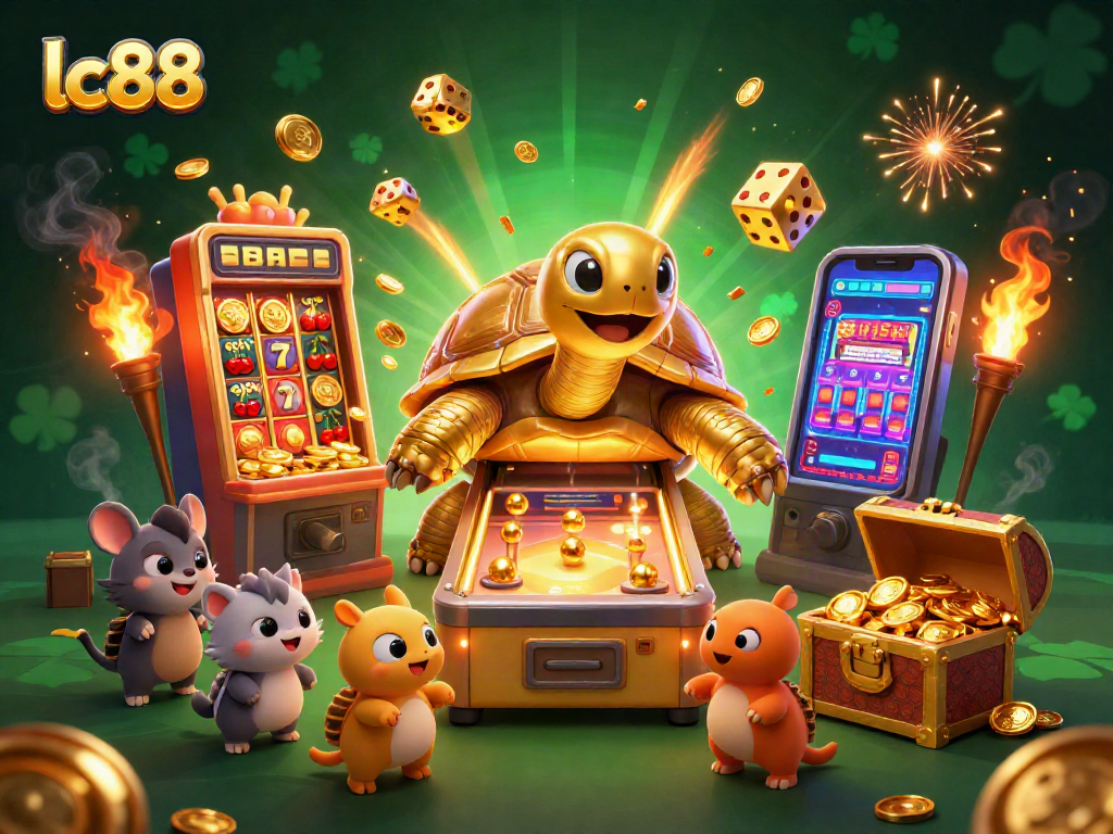 Play big at lc88 with an exciting scene of a colossal tortoise pinball machine and vibrant slot elements.