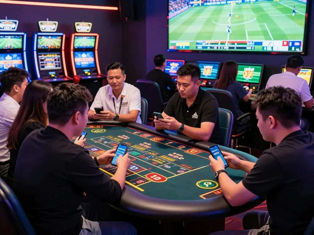 Players enjoying the bk8 online gambling experience at a modern casino environment filled with vibrant lights and interactive gaming displays.