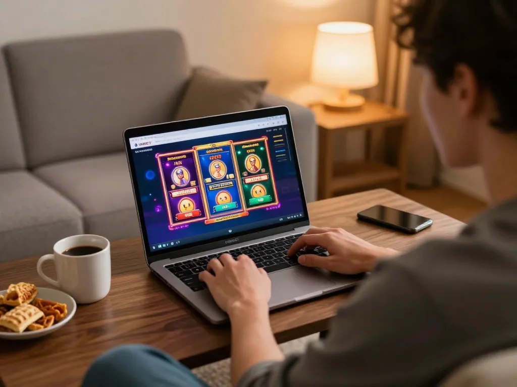 SHBET player engaging with online slots on laptop during a cozy home session.