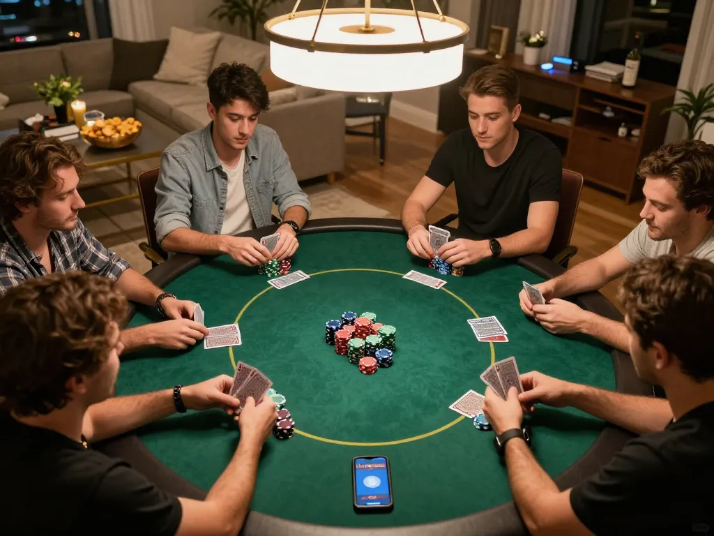 Engaged friends playing poker at home while using the 33winn app for strategies and betting