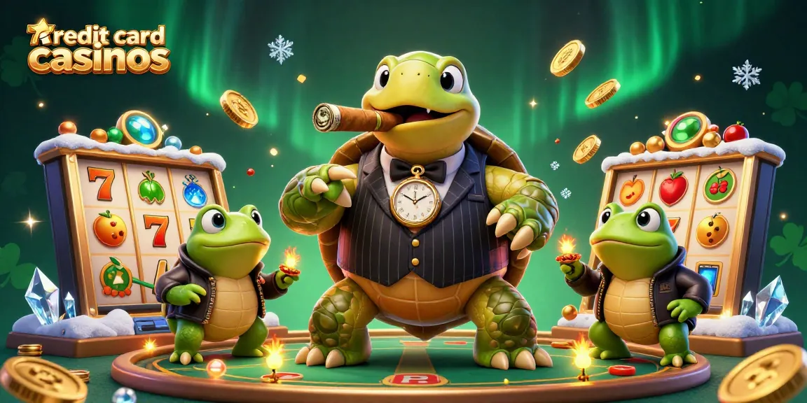 Engage in thrilling gameplay at credit card casinos with vibrant visuals of slot reels and energetic characters.