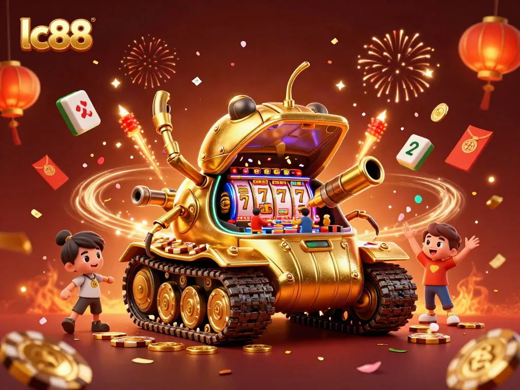 Spin lucky slot reels with lc88 in a festive 3D casino scene filled with confetti and fireworks.