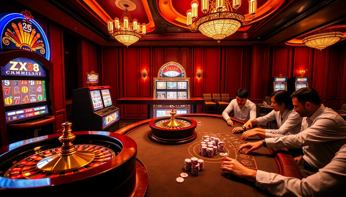 Experience the excitement of gambling at ZX88 with vibrant casino elements and lively players.