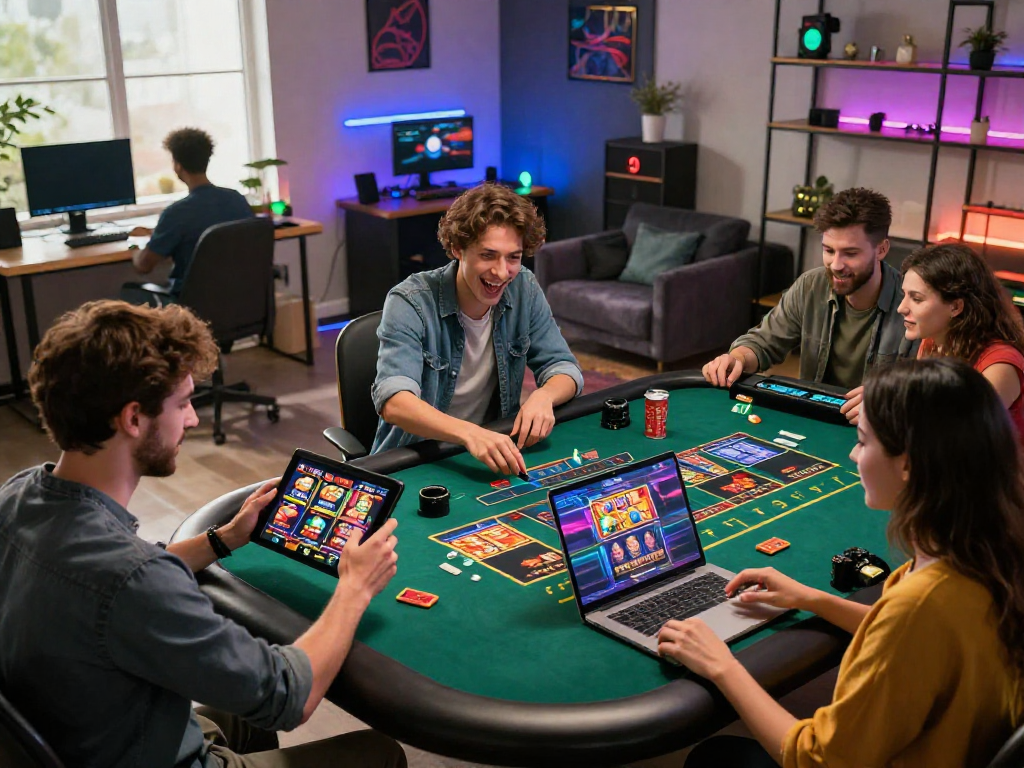 Players enjoying casinos not on gamstop uk in vibrant home gaming setup, engaging with live dealer tables and slots.
