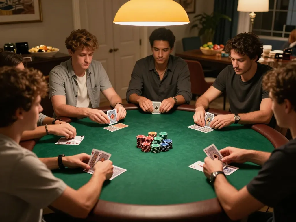 SHBET players strategizing during a friendly home poker game with colorful chips
