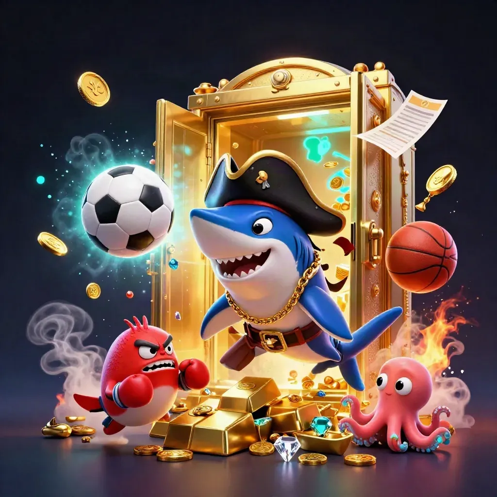 Pirate shark, boxing pufferfish and coin-juggling octopus amid a casino gold blast.