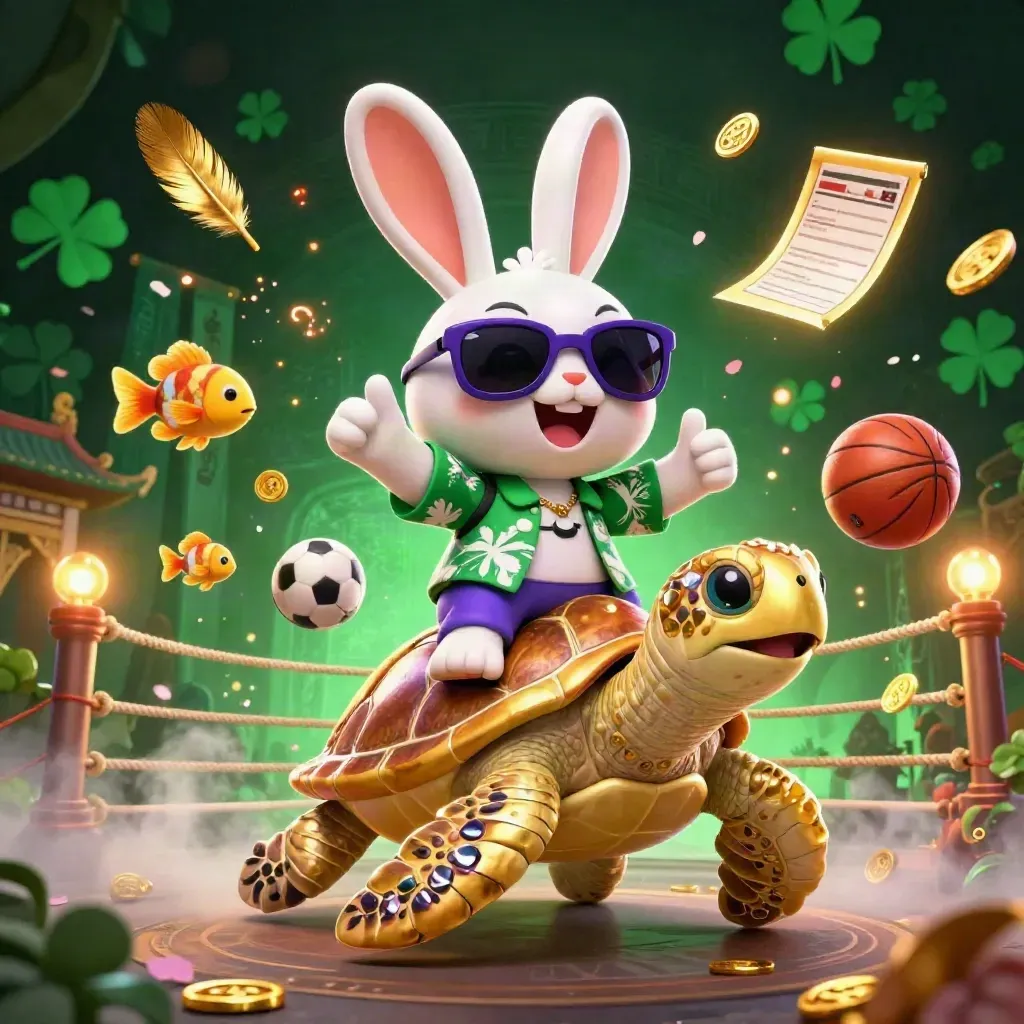 Cartoon rabbit rides a jeweled sea turtle amid casino and sports betting magic.
