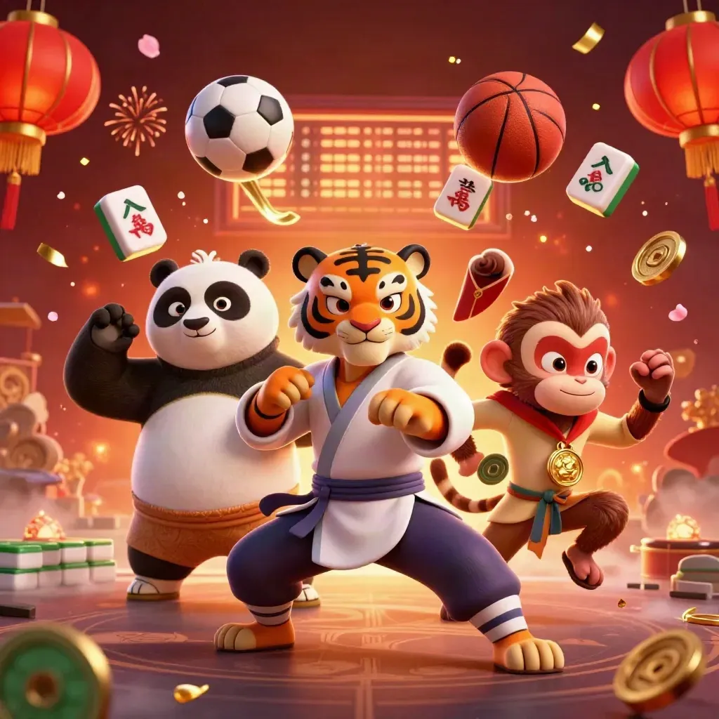 Tiger, panda and monkey in neon casino martial-arts chaos with flying balls and gold charms