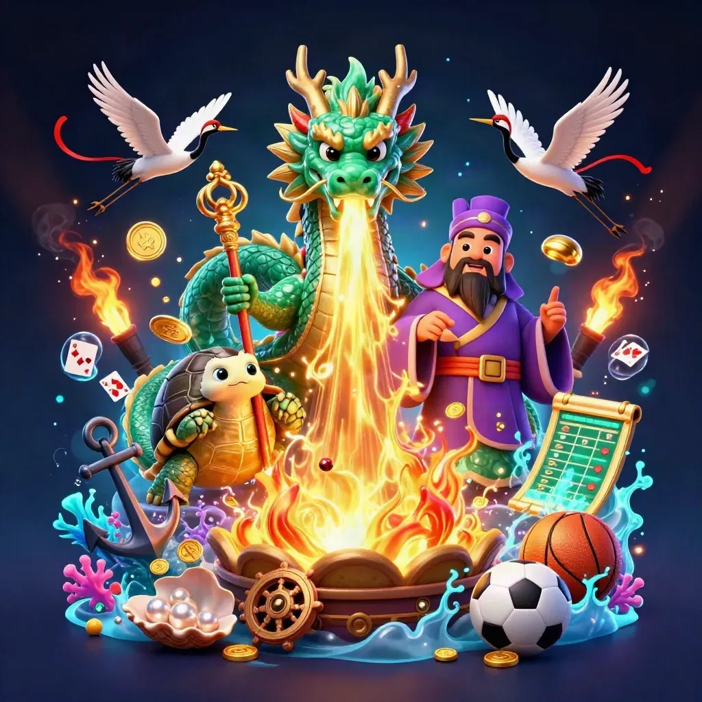 Emerald dragon, turtle sage and cranes amid treasure, casino props and neon firelight