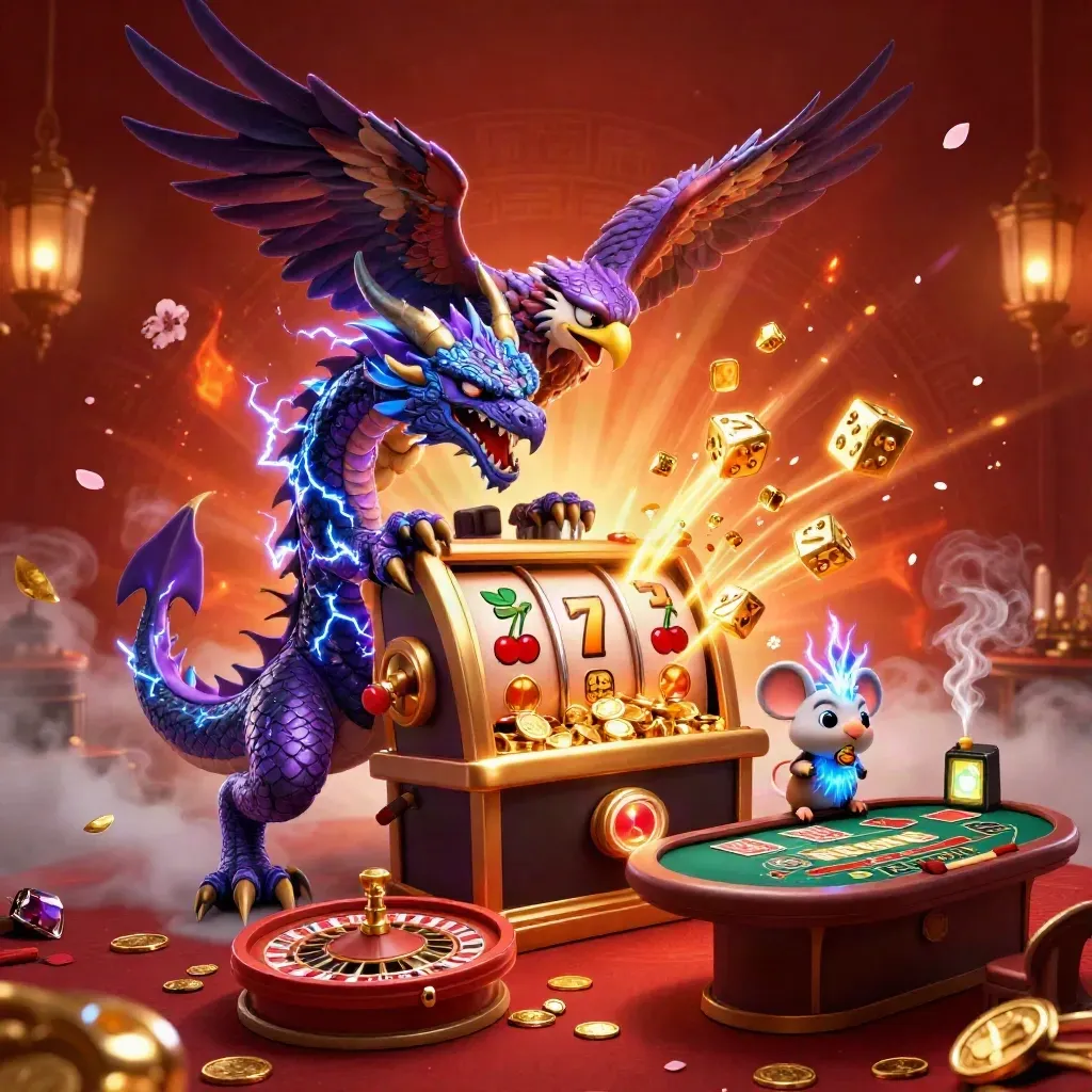 Thunder dragon, wind hawk and crackling mouse amid jackpot slot chaos in a luxe casino glow.